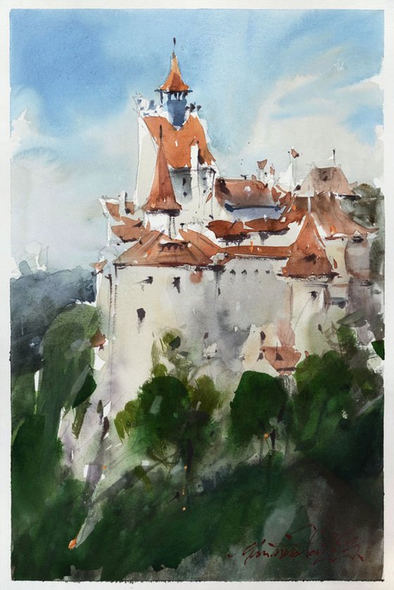 Bran, romanian watercolor landscape.