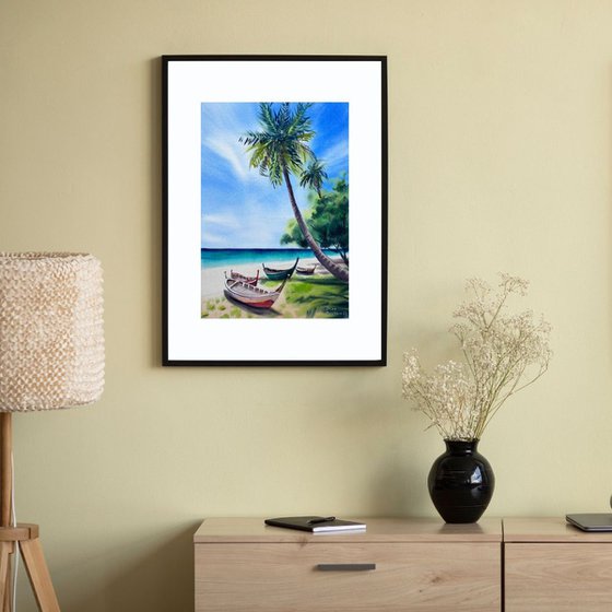 Coastal Harmony watercolor painting, original coastal painting,  blue sea painting with palms