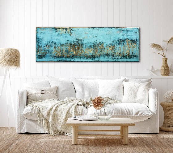 ORINOCO * 71" x 23.6" * ABSTRACT ACRYLIC PAINTING ON CANVAS * TURQUOISE * GOLD