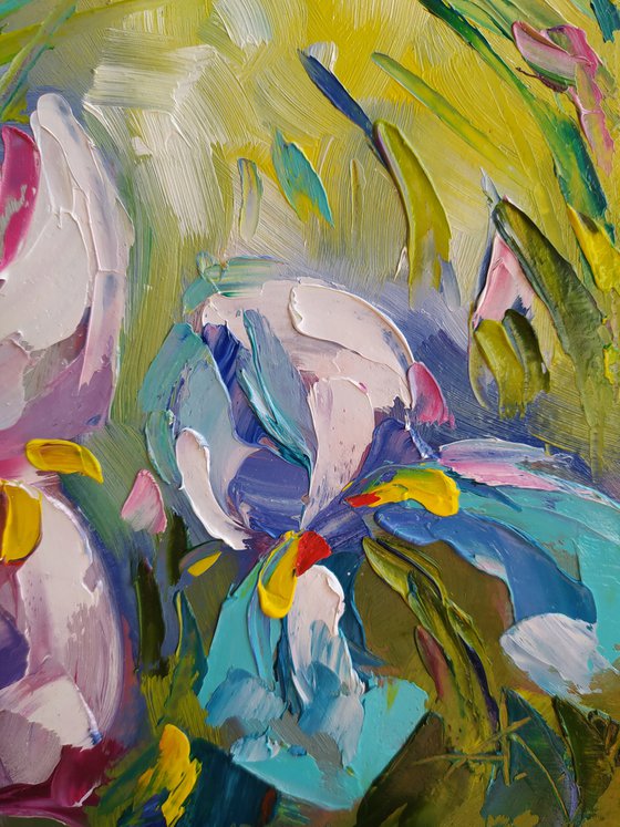 Irises in the garden - flowers, oil painting, irises flowers, gift idea, gift for woman