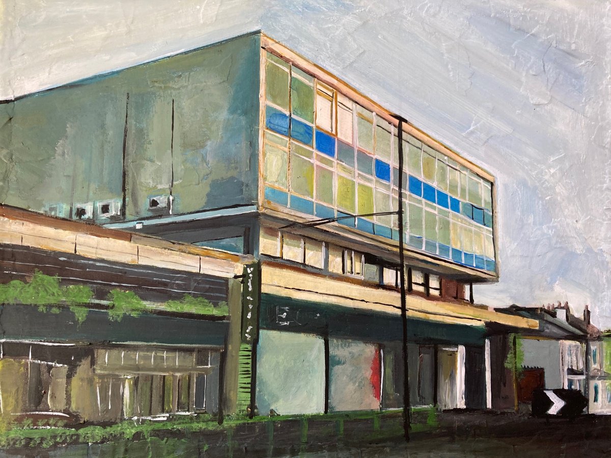 Photorealistic Cityscapes Acrylic Painting By Andrew Reid Wildman, 12 X 10, Wimbledon, Modernist Building, Original Artwork