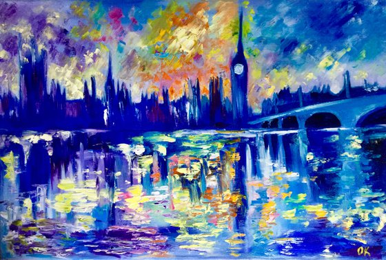 Sunset  in London. Big Ben. House of Parliament.  LARGE OIL PAINTING