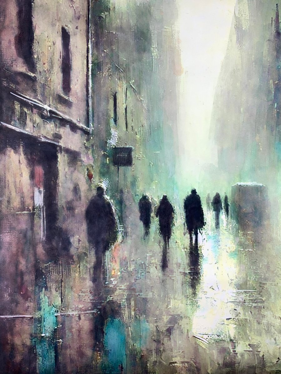 Impressionistic Cityscapes Acrylic Painting By Sinisa Alujevic, 12 X 17", Ghosts Of The Rain, Original Artwork