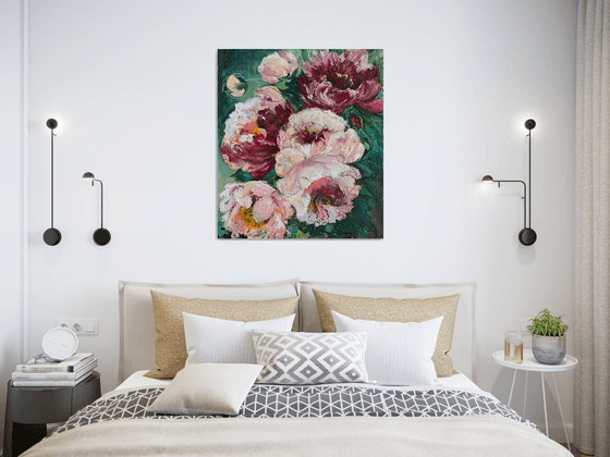 PEONIES ON EMERALD- original painting on canvas floral