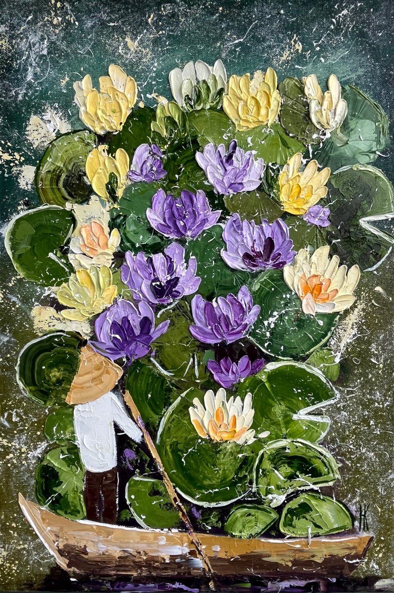 Impressionistic Botanical Oil Painting By Halyna Kirichenko, 16 X 24, Water Lily Pond, Original Artwork