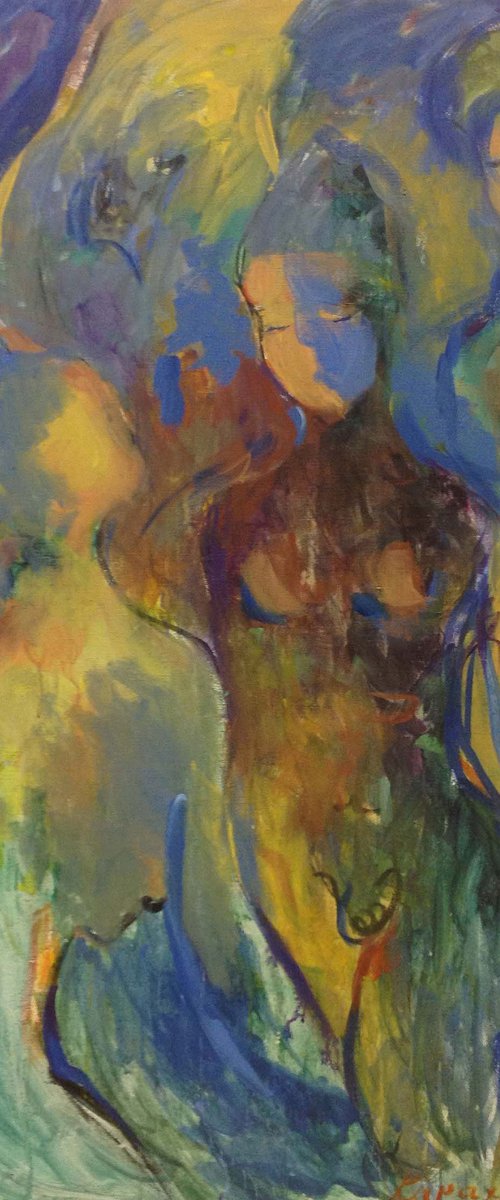 BATHERS IN BLUE - Bathers, nude art, original painting large size, blue yellow colour, love, lovers, body, tree nudes, Christmas gift by Karakhan