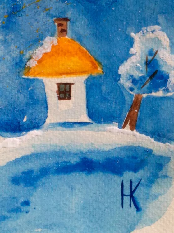 Angel Painting Christmas Original Art Wonderland Watercolor Stars Artwork Moon Home Wall Art 10 by 14" by Halyna Kirichenko