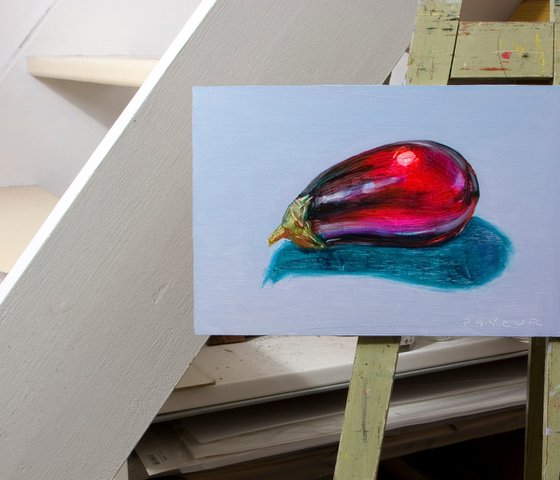 modern pop art still life of a blue red eggplant