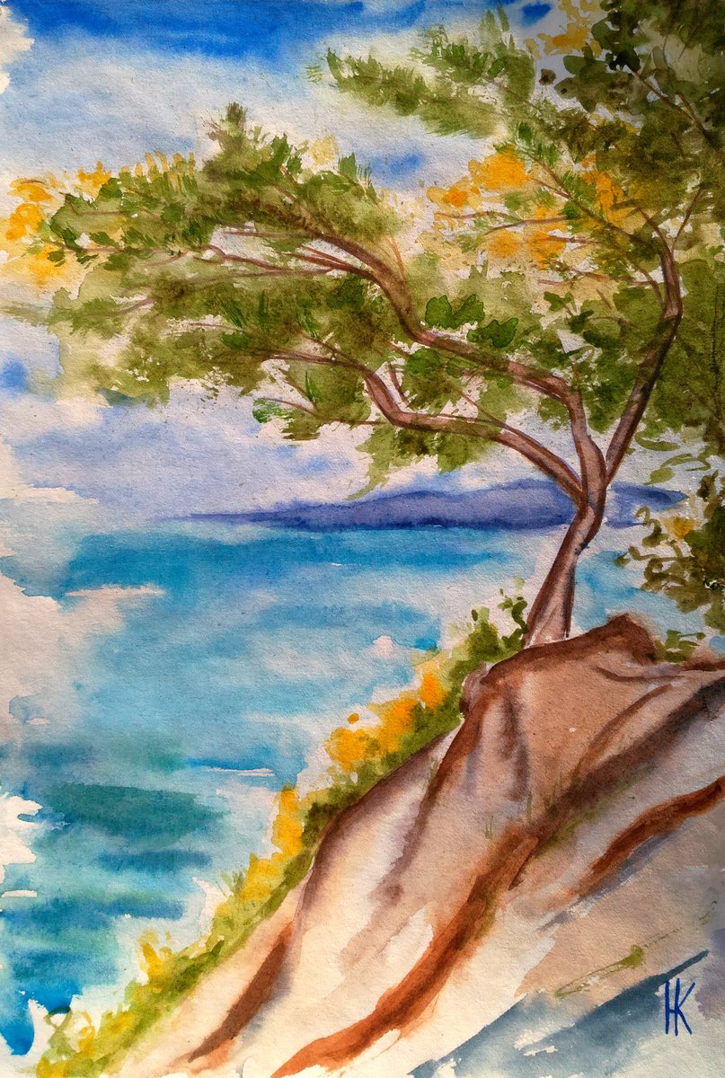 Pine Tree Painting Seascape Original Art Italy Watercolor Artwork Mediterranean Small Land... by Halyna Kirichenko