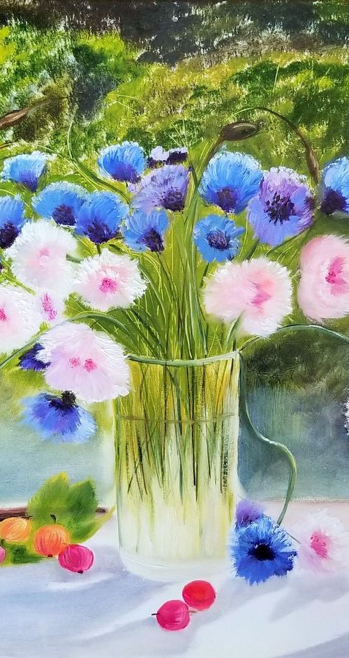 Vase with Cornflowers and Daisies. Oil on Canvas. 16" x 20". 40,64 x 50,8 cm. by Alexandra Tomorskaya/Caramel Art Gallery