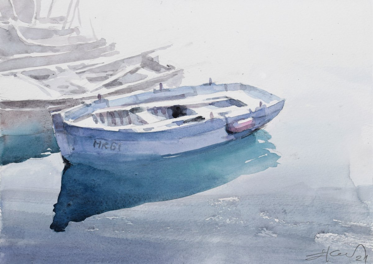 Boats in the harbor by Goran Zigolic Watercolors