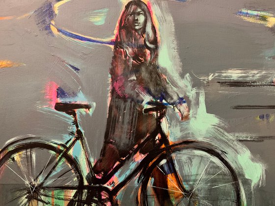 Big painting - "Amsterdam" - Girl - Bikes - Bicycle - Diptych - Pop Art - Urban