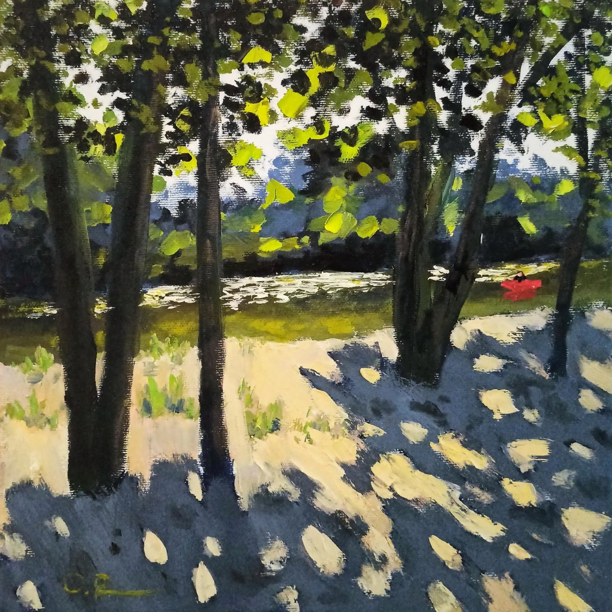 Impressionistic Landscape Oil Painting By Oleh Rak, 12 X 12", Impression. Sunny Bank, Original Artwork