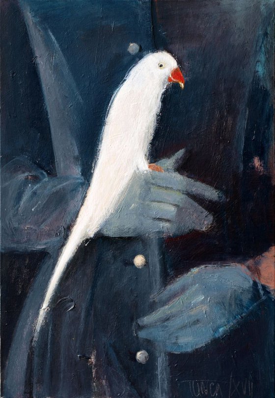 woman in black holding a white parrot (2)