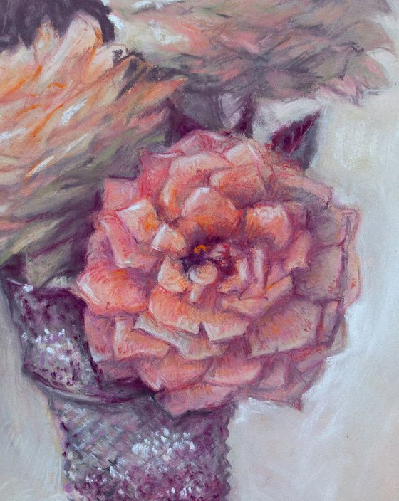 Garden roses in glass - pastel drawing