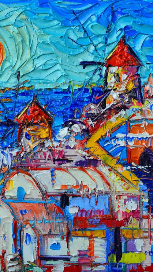 ABSTRACT SANTORINI OIA SUNSET contemporary impressionist abstract cityscape miniature stylized city impasto palette knife original oil painting by Ana Maria Edulescu by ANA MARIA EDULESCU