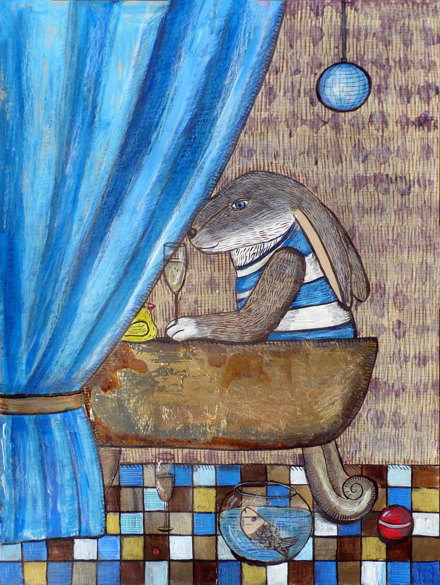 Naive Animal Painting By Elizabeth Vlasova, 18 X 24, Bath Bunny, Original Artwork
