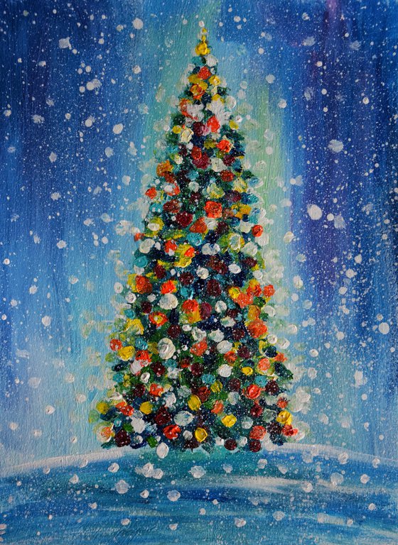 Christmas tree original acrylic painting, New Year pine tree picture, winter snow landscape