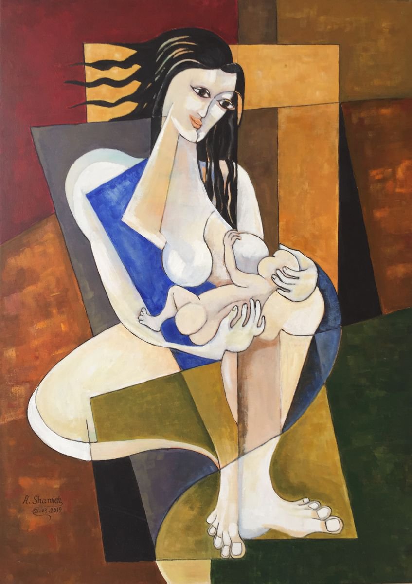 Abstract Portrait Acrylic Painting By Abdelrahman Shamieh, 20 X 28, Motherhood 2, Original Artwork