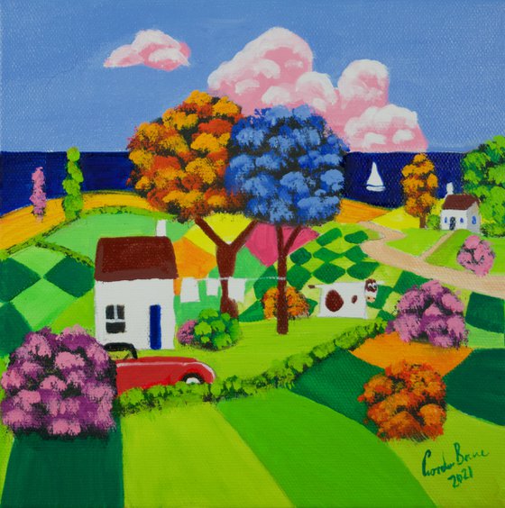 Red car folk art oil painting on canvas