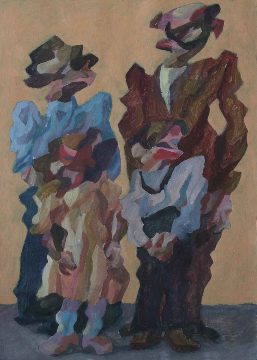 Expressive Portrait Acrylic Painting By Martin Singer, 12 X 16", Family Portrait #37, Original Artwork