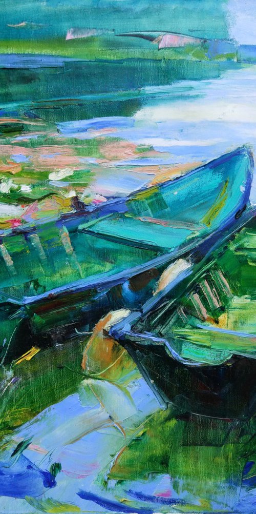 Boats among water lilies | Emerald green | Ukrainian landscape | Original oil painting by Helen Shukina