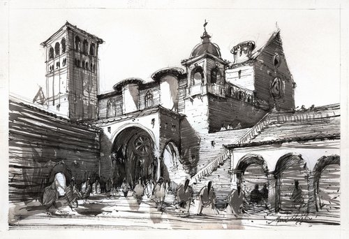 Assisi, original ink drawing artwork, Modern impressionistic art for home interior. by Marin Victor