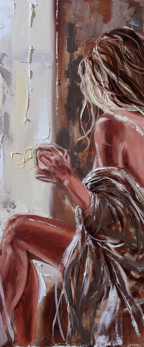 " MISSING YOU ... "-   liGHt  ORIGINAL OIL PAINTING, GIFT, PALETTE KNIFE nude WINDOW by Monika Luniak