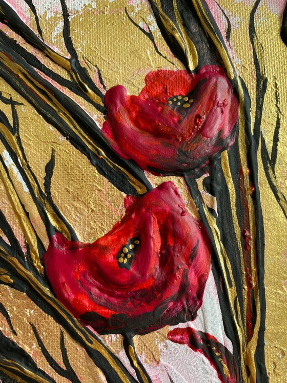 Textured Poppies on Gold Leaf