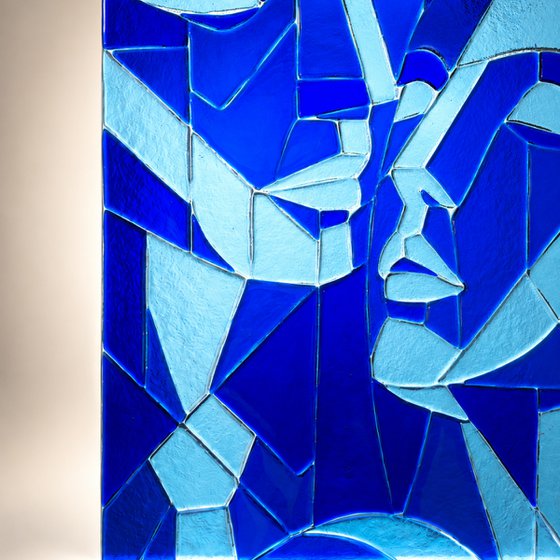 Blue Lovers, Fused Glass Portrait
