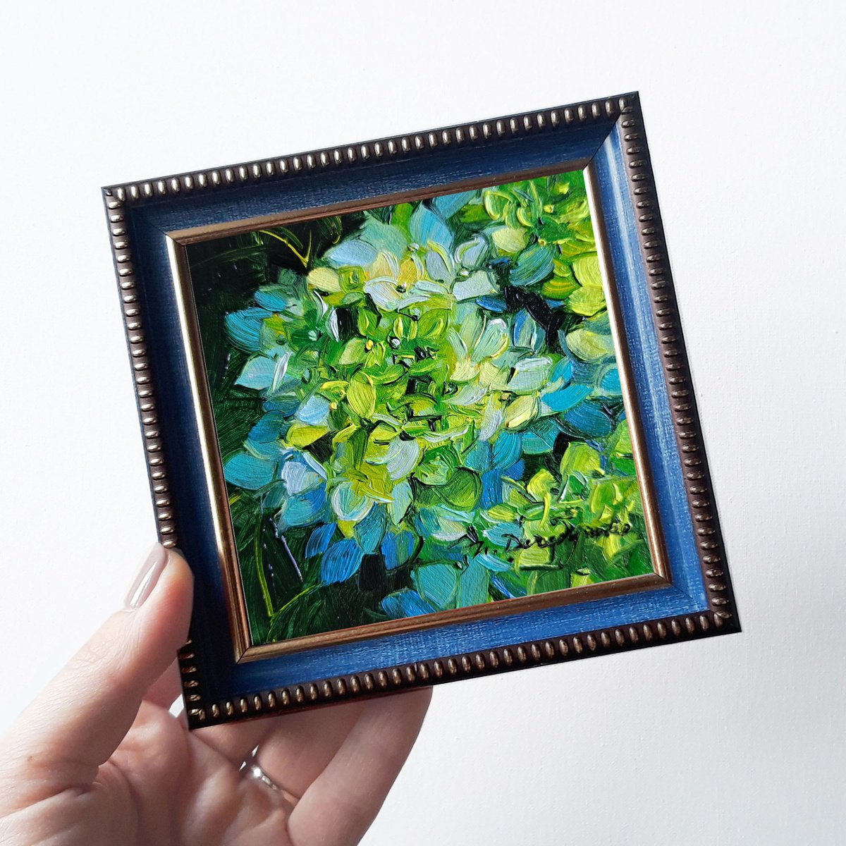 Hydrangea flowers oil painting original, Green blue flower small painting framed by Nataly Derevyanko