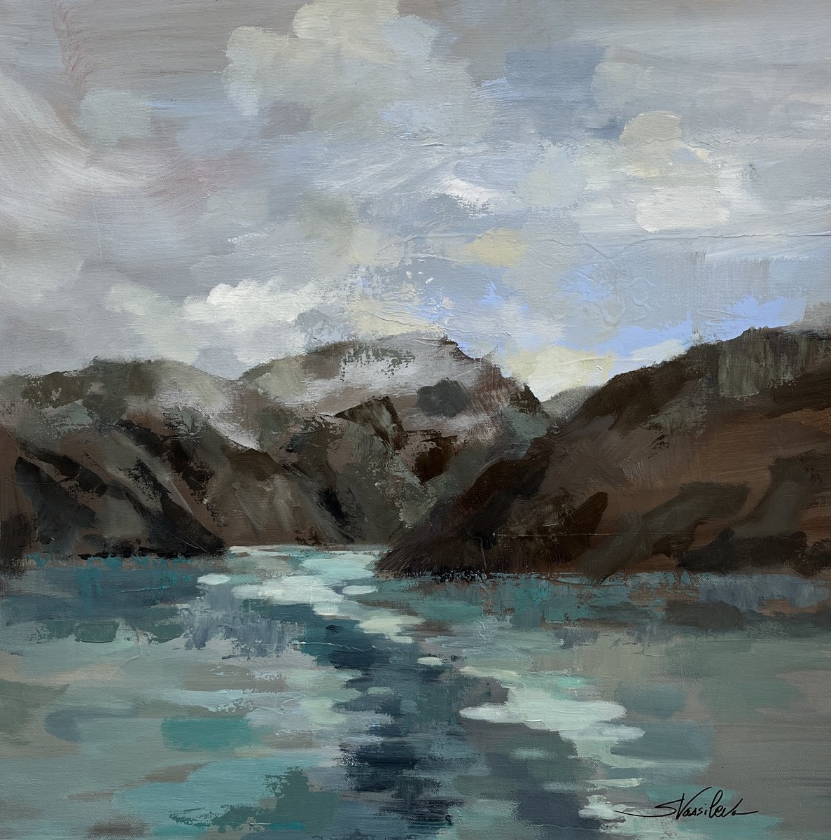 Impressionistic Landscape Acrylic Painting By Silvia Vassileva, 24 X 24", Alaska Passage, Original Artwork