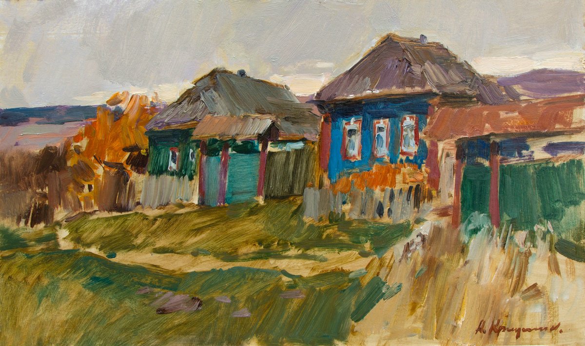 Impressionistic Landscape Oil Painting By Aleksandr Kryushyn, 20 X 12, Old Village, Original Artwork