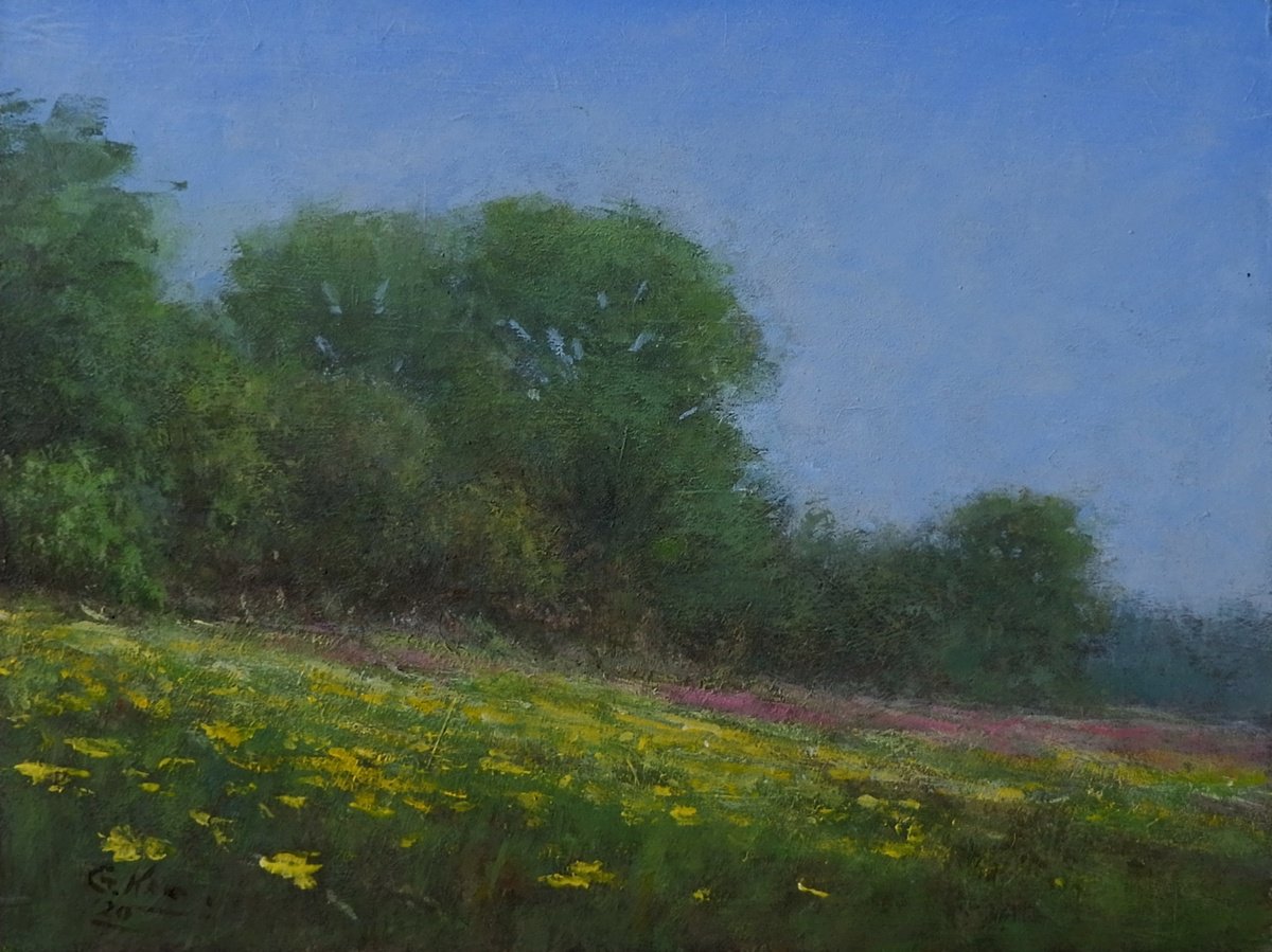 Impressionistic Landscape Acrylic Painting By Gerard Kramer, 9 X 7, Blooming Fields, Original Artwork