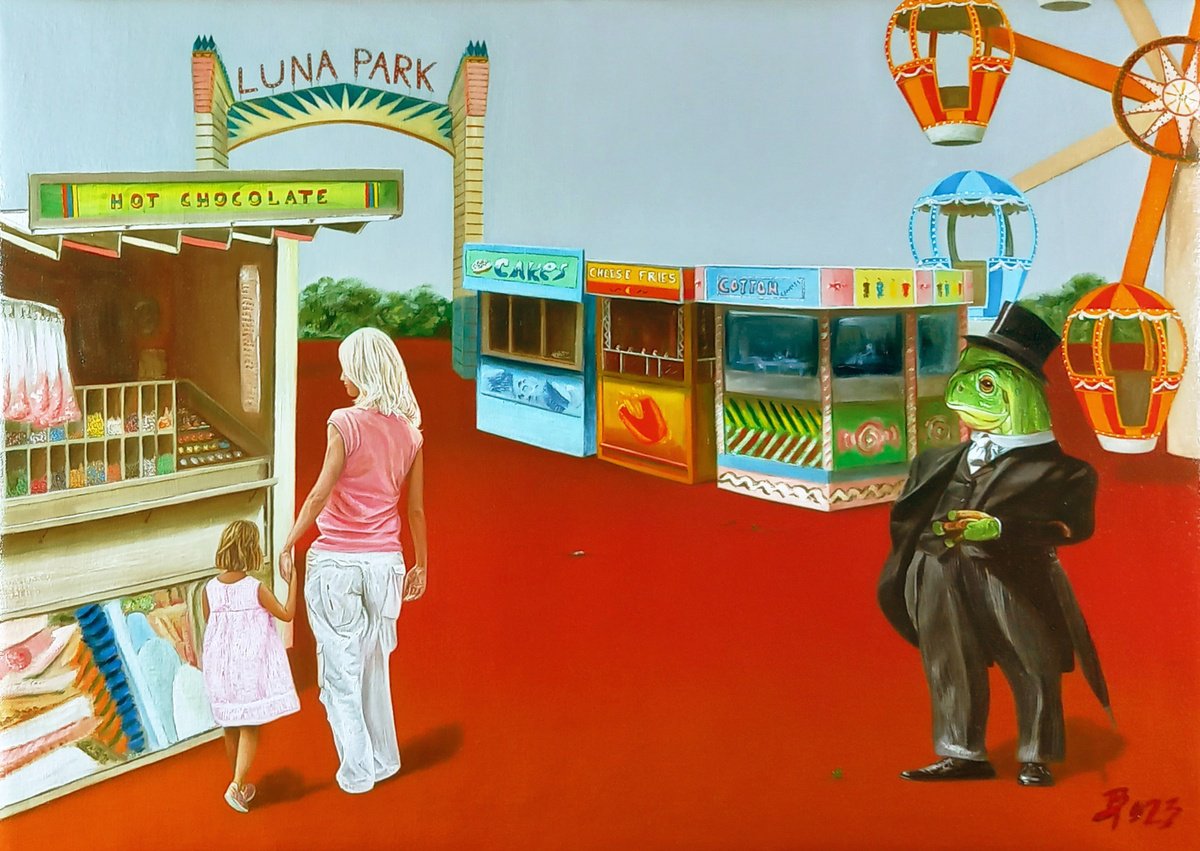 Photorealistic Portrait Oil Painting By Paolo Borile, 28 X 20", At The Funfair, Original Artwork