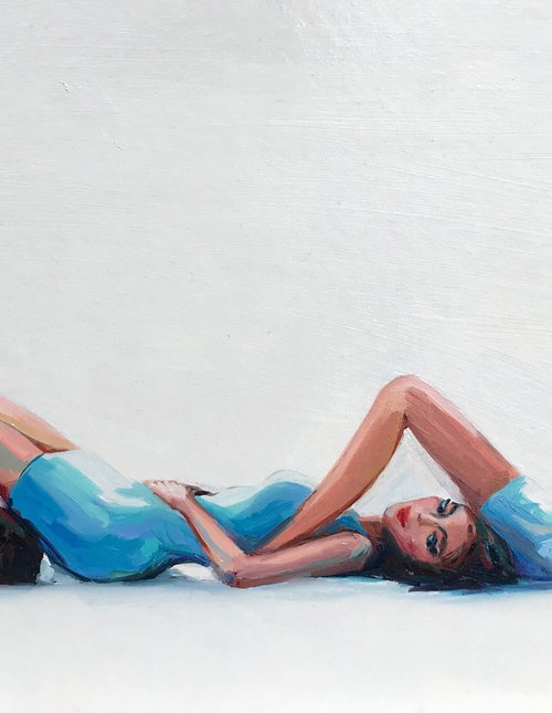 THREESOME - oil painting on cardboard, original gift, blue, woman, nude, erotics, original gift, home decor, pop art, office interior by Sasha Robinson