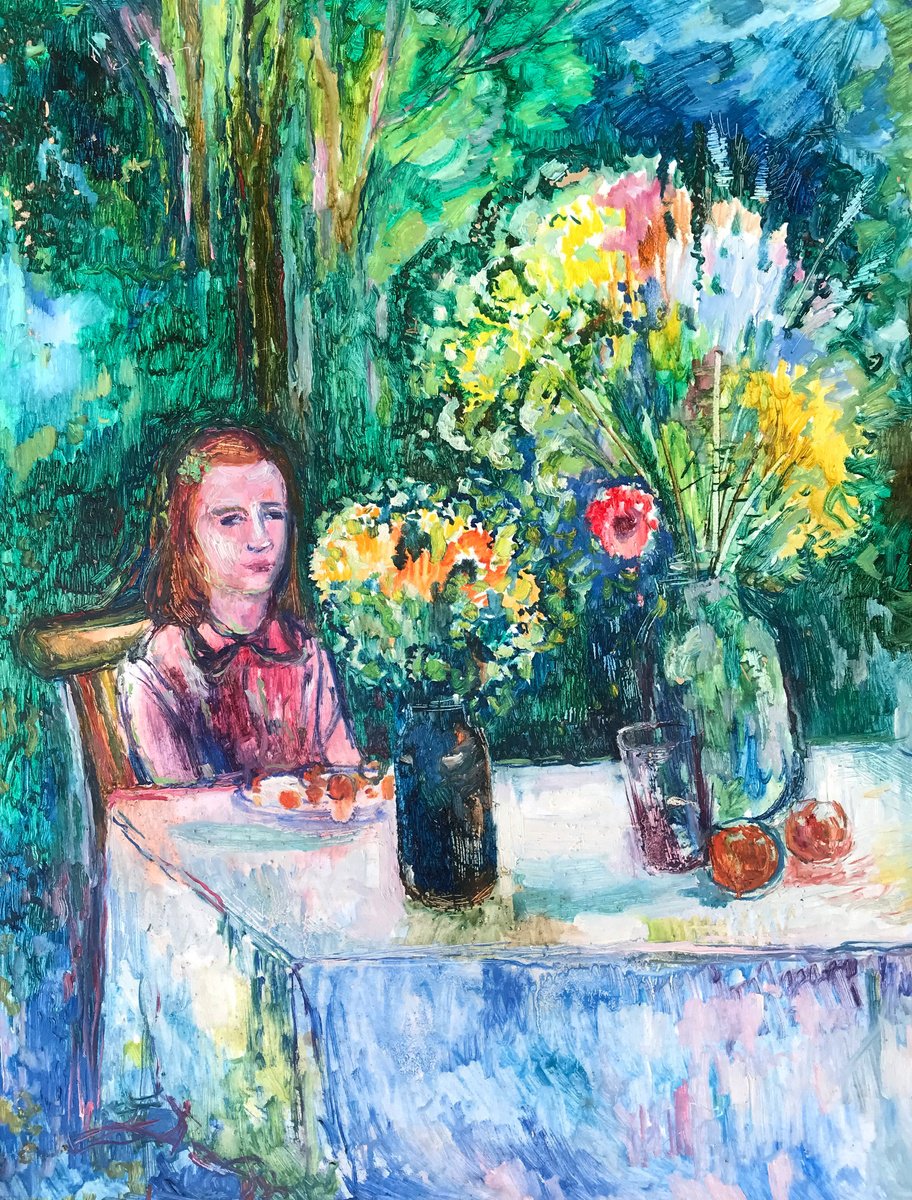 Impressionistic Portrait Oil Painting By Peter Tovpev, 24 X 31", Girl In The Garden, Original Artwork