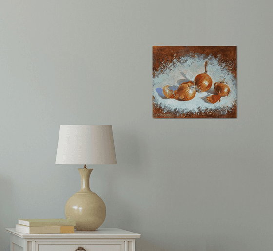 "Onion family."  Onion still life  liGHt original painting PALETTE KNIFE  GIFT (2020)