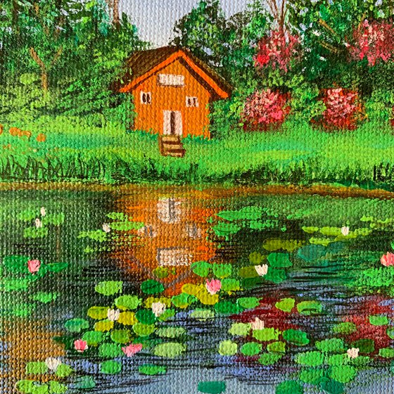 House by water lilies pond - 3 ! Small Painting!!  Ready to hang