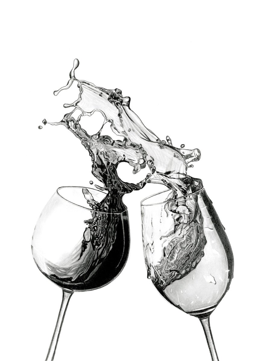 Photorealistic Still Life Pencil Drawing By Paul Stowe, 12 X 16", Wine Splash #6, Original Artwork