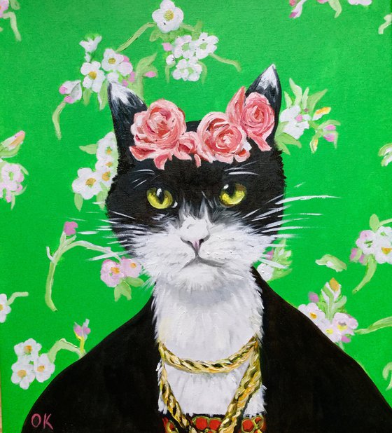 Black cute cat La Frida Kahlo inspired by her self-portrait  with pink roses FELINE ART FOR CAT LOVERS