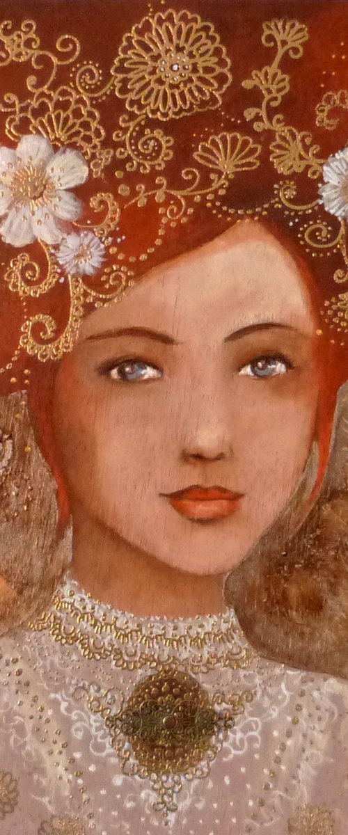 Apolline on Sunday . Redheaded woman  on wood. by Loetitia Pillault