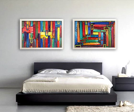 "No Direction" - Save As Series + FREE USA SHIPPING - Original PMS Abstract Diptych Oil Paintings On Recycled Wood - 80" x 28"