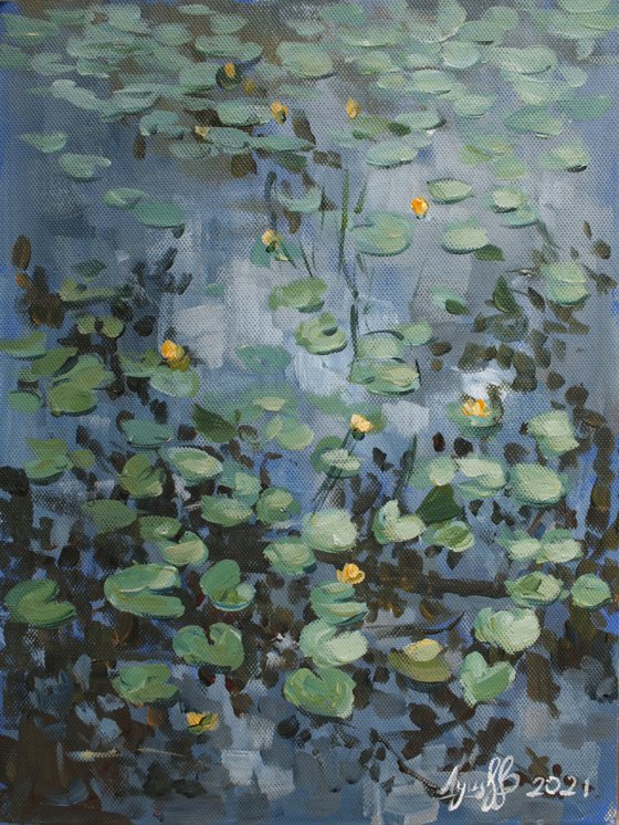 WATER LILIES – original painting cold palette impressionistic style water peaceful 2021