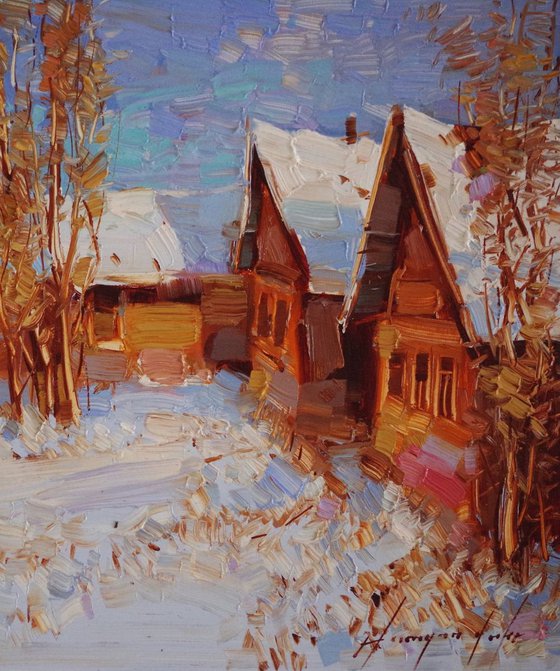 Landscape Oil painting, Village, Winter,  One of a kind, Signed with Certificate of Authenticity