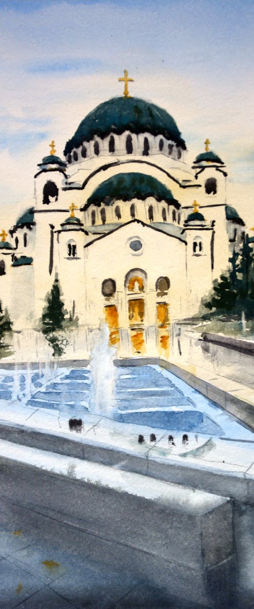 Fontana i hram Svetog Save Beograd 17x36 cm 2020 by Nenad Kojić watercolorist
