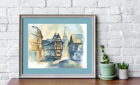 "Street in a medieval city" architectural artwork in watercolor