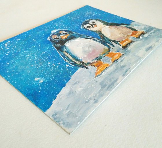 Penguin Couple Bird Small Artwork Snow Landscape