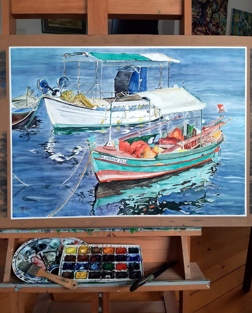 Impressionistic Landscape Watercolour By Zoran Mihajlovic Muza, 28 X 20", A Quite Harbor, Original Artwork