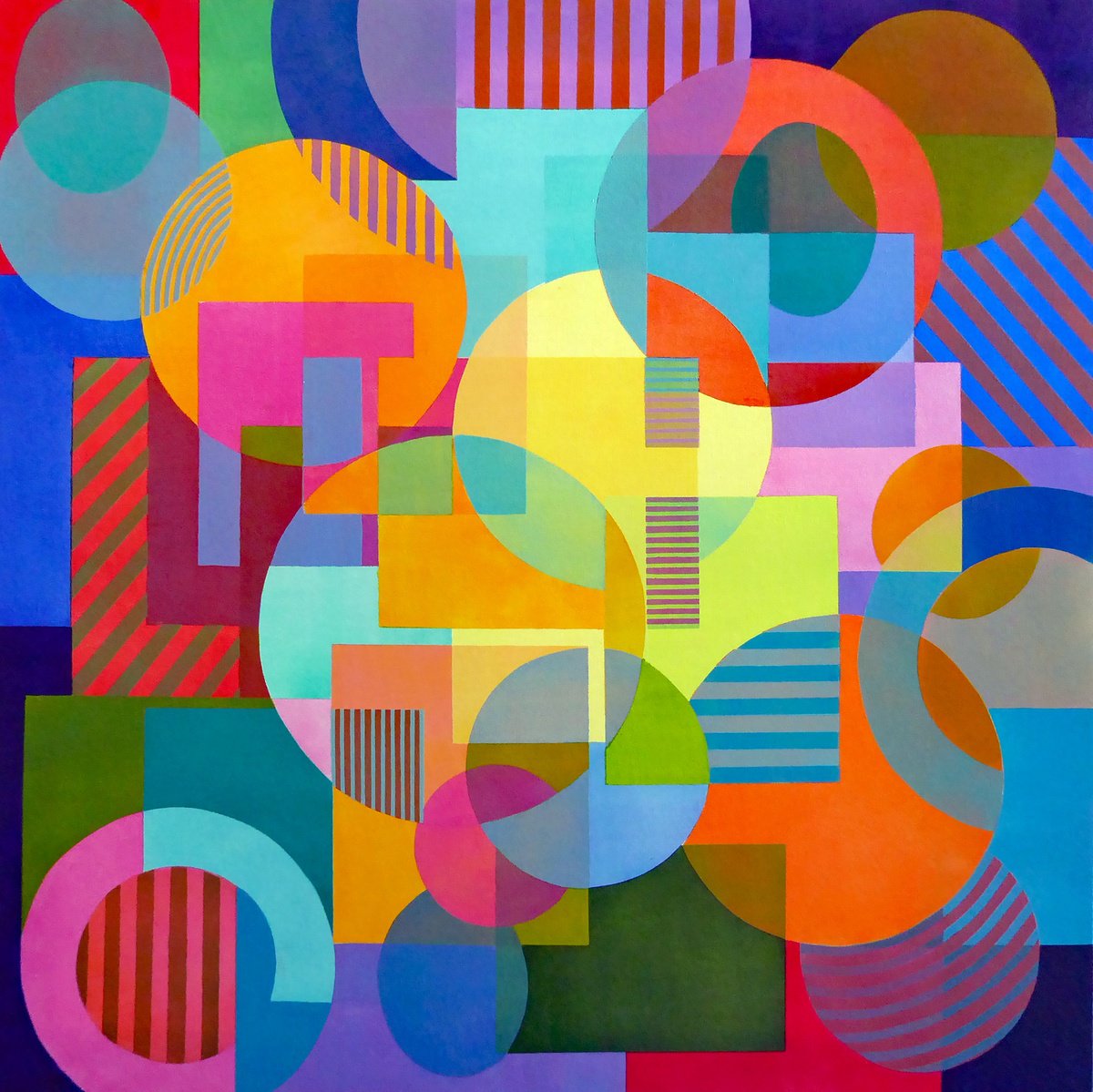 Geometric Abstract Acrylic Painting By Stephen Conroy, 31 X 31", Harmony In The Land Of Shapes, Original Artwork